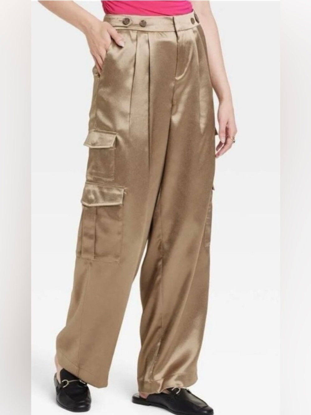 A New Day Bronze Satin Wide Leg Cargo Pants Size 8 High Rise